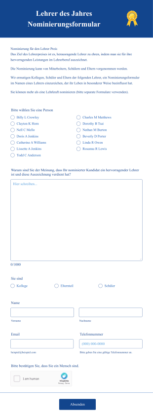 Lehrer Des Jahres Nominierungsformular Form Template