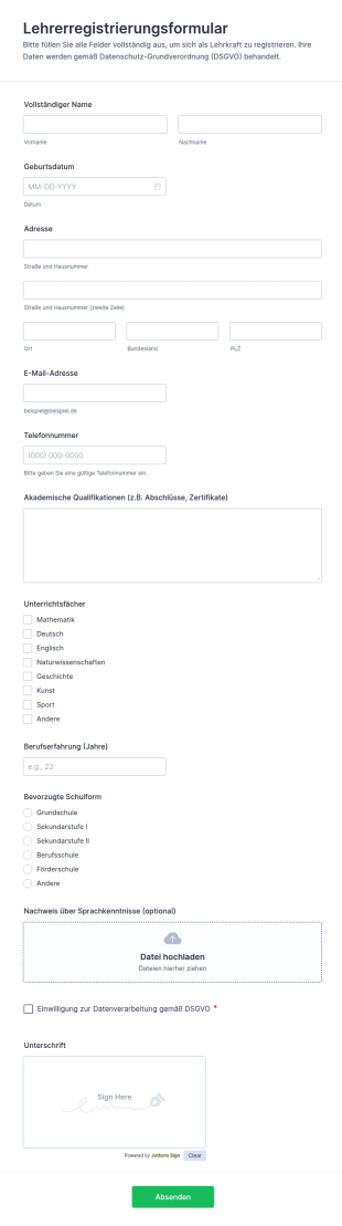 Lehrerregistrierungsformular