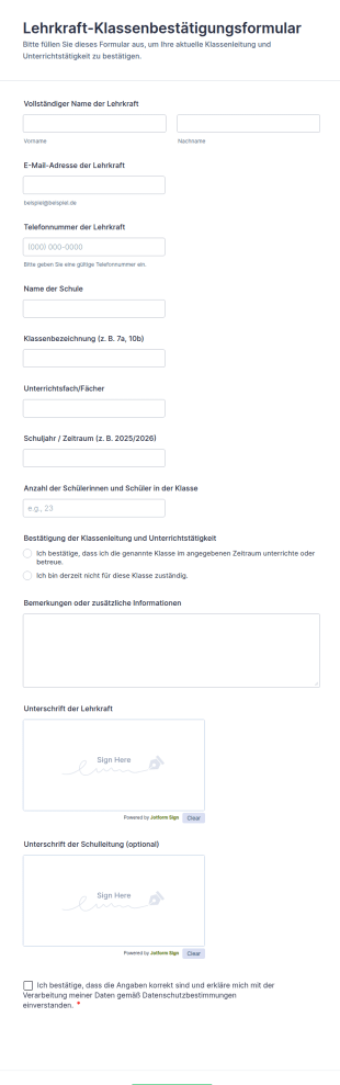 Lehrkraft Klassenbestätigungsformular