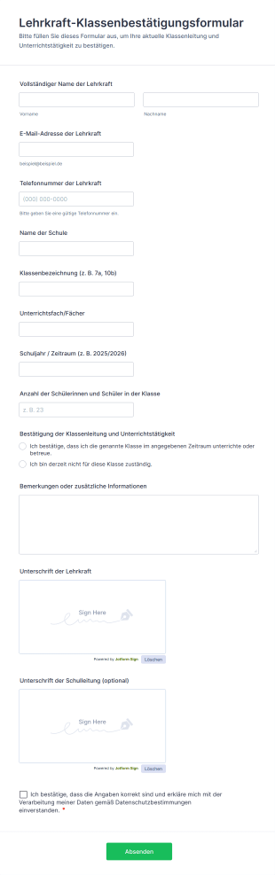 Lehrkraft Klassenbestätigungsformular