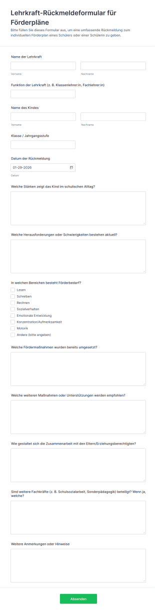 Lehrkraft Rückmeldeformular Für Förderpläne