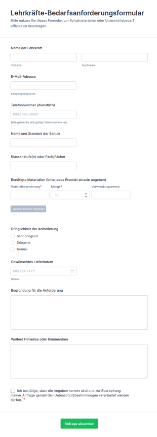 Lehrkräfte Bedarfsanforderungsformular