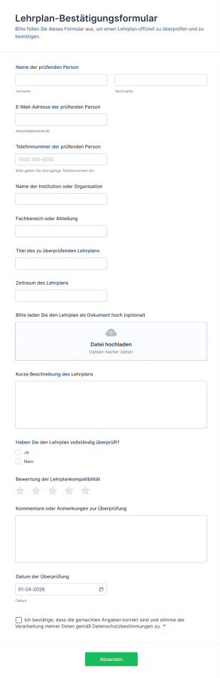 Lehrplan Bestätigungsformular