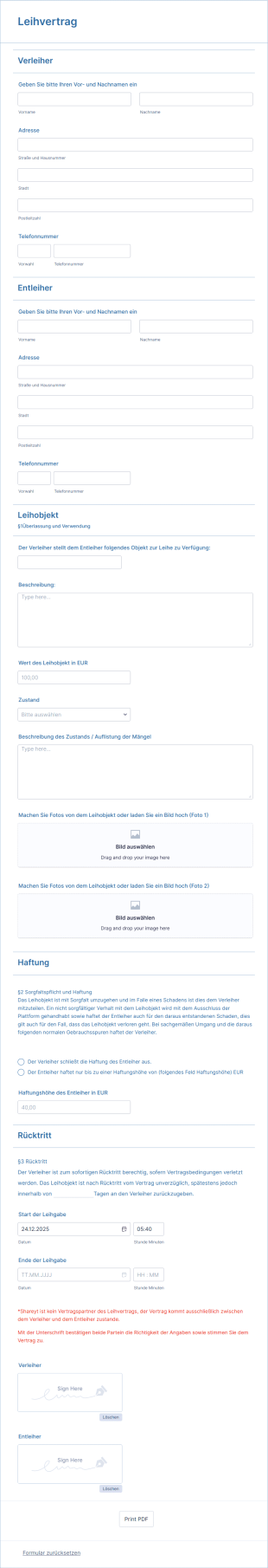 Leihvertrag Form Template