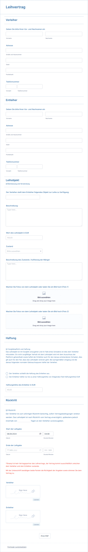 Leihvertrag Form Template