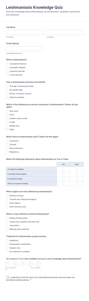 Leishmaniasis Knowledge Quiz Form Template