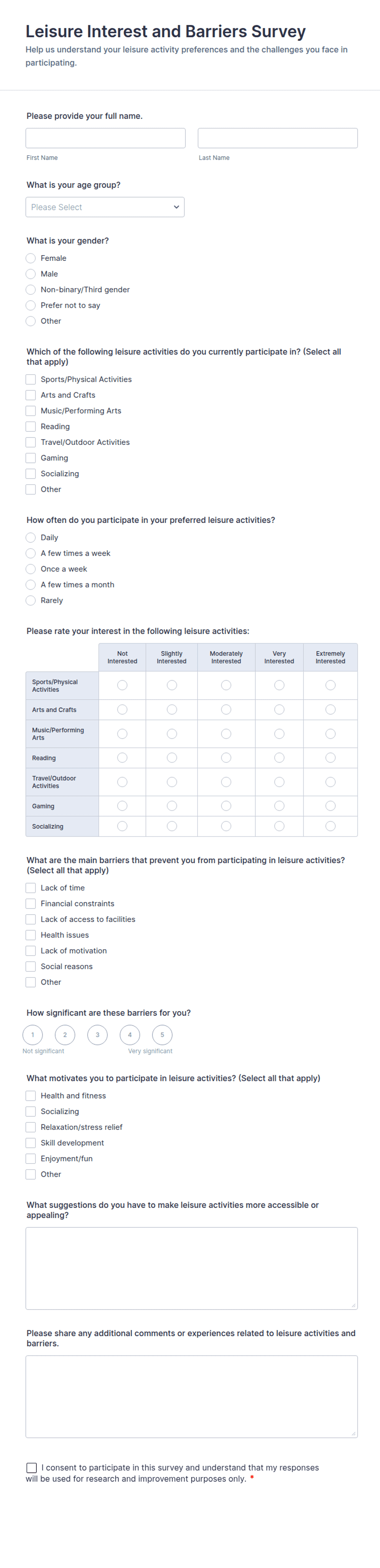 Leisure Interest and Barriers Survey Form Template | Jotform