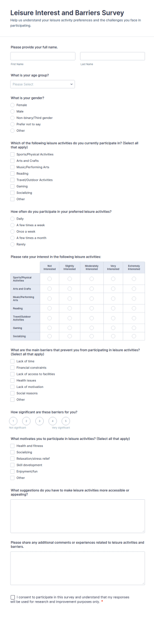 Leisure Interest And Barriers Survey Form Template