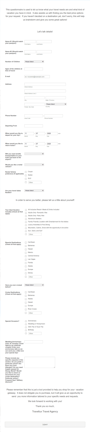 Travel Planning Questionnaire Form Template