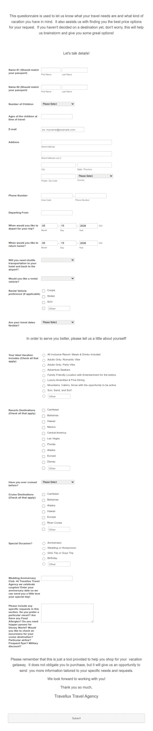 Travel Planning Questionnaire Form Template