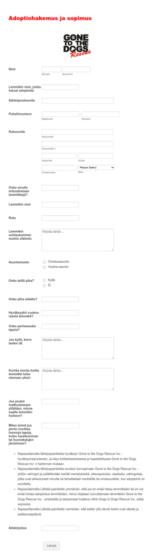 Lemmikkieläimen Adoptiohakemus