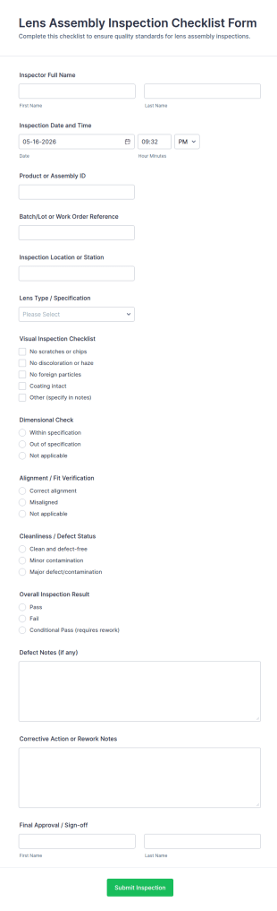 Lens Assembly Inspection Checklist Form Template