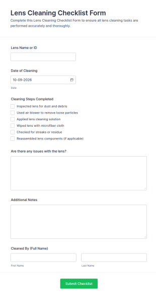 Lens Cleaning Checklist Form Template
