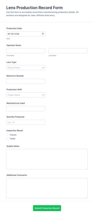 Lens Production Record Form Template
