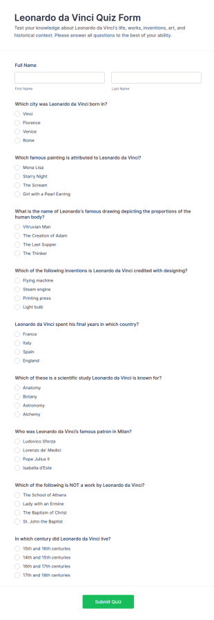 Leonardo Da Vinci Quiz Form Template