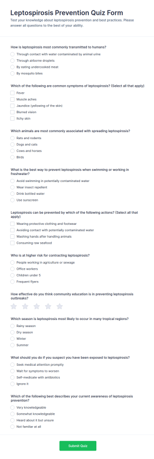 Leptospirosis Prevention Quiz Form Template