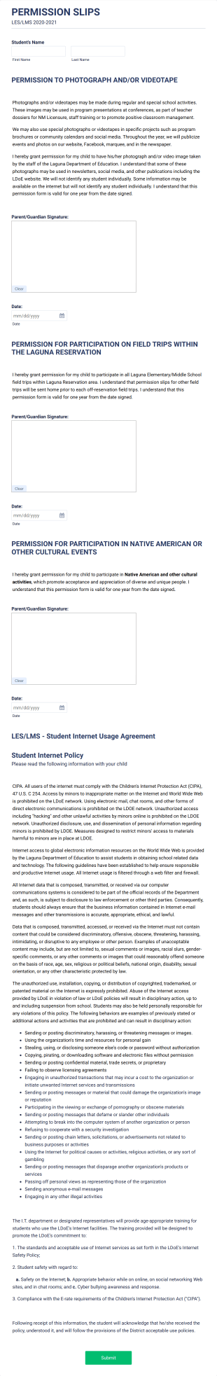 LESLMS 2020 2021 Permission SlipsInternet Usage Form Template