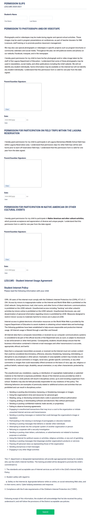 LESLMS 2020 2021 Permission SlipsInternet Usage Form Template