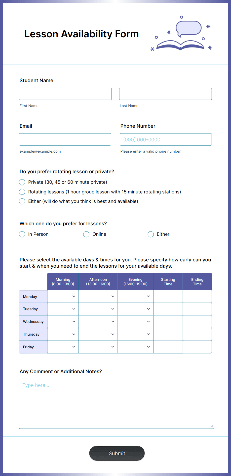 Lesson Availability Form Template | Jotform