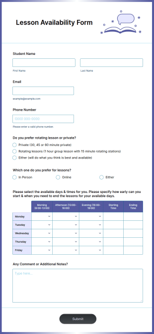Lesson Availability Form Template