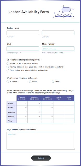 Lesson Availability Form Template