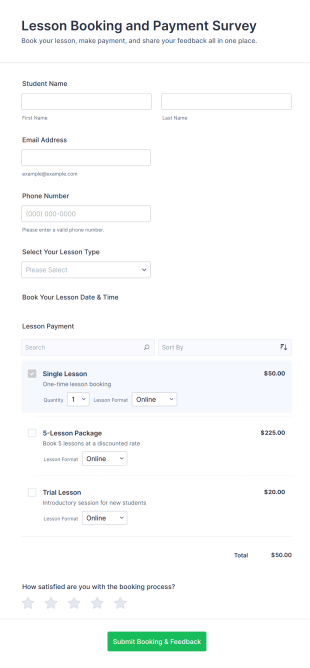 Lesson Booking And Payment Survey Form Template
