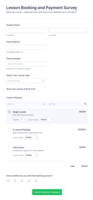 Lesson Booking And Payment Survey Form Template