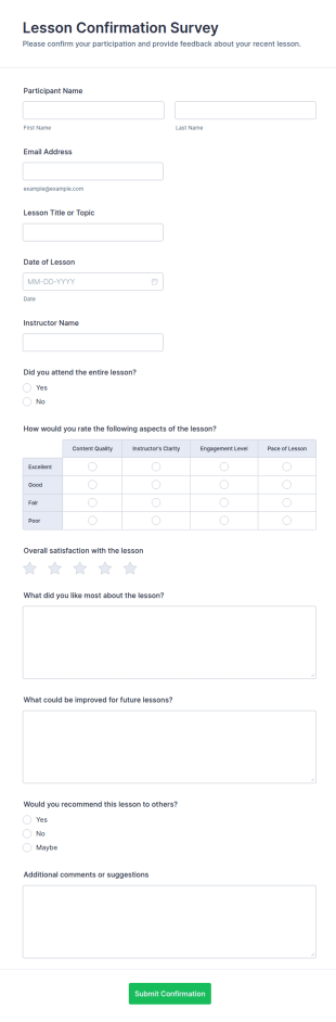 Lesson Confirmation Survey Form Template