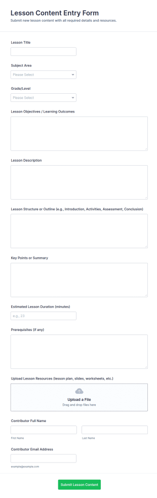Lesson Content Entry Form Template