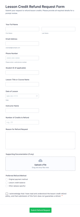 Lesson Credit Refund Request Form Template