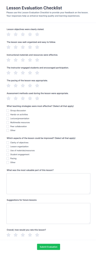 Lesson Evaluation Checklist Form Template