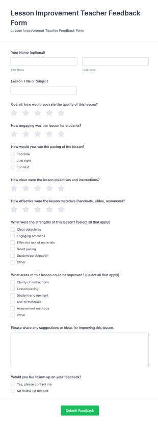 Lesson Improvement Teacher Feedback Form Template