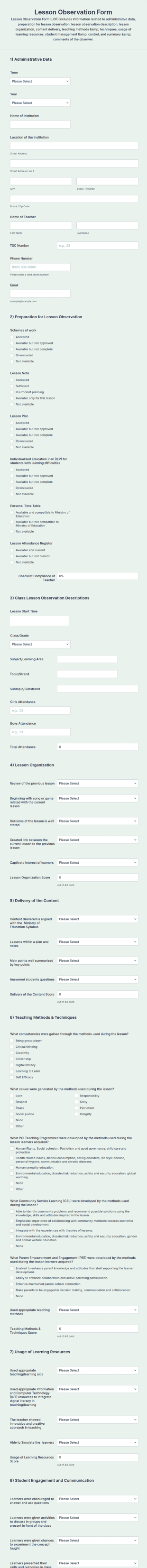 Lesson Observation Form Template