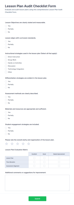 Lesson Plan Audit Checklist Form Template
