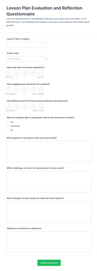 Lesson Plan Evaluation And Reflection Form Template