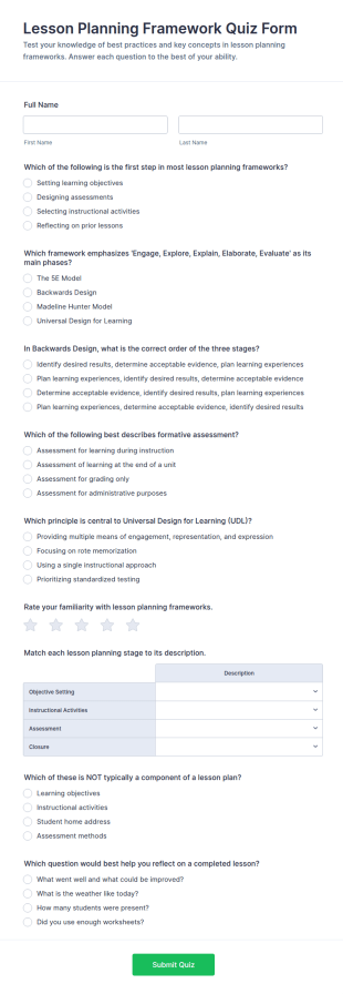 Lesson Planning Framework Quiz Form Template
