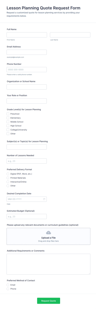 Lesson Planning Quote Request Form Template