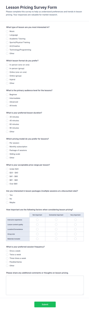 Lesson Pricing Survey Form Template