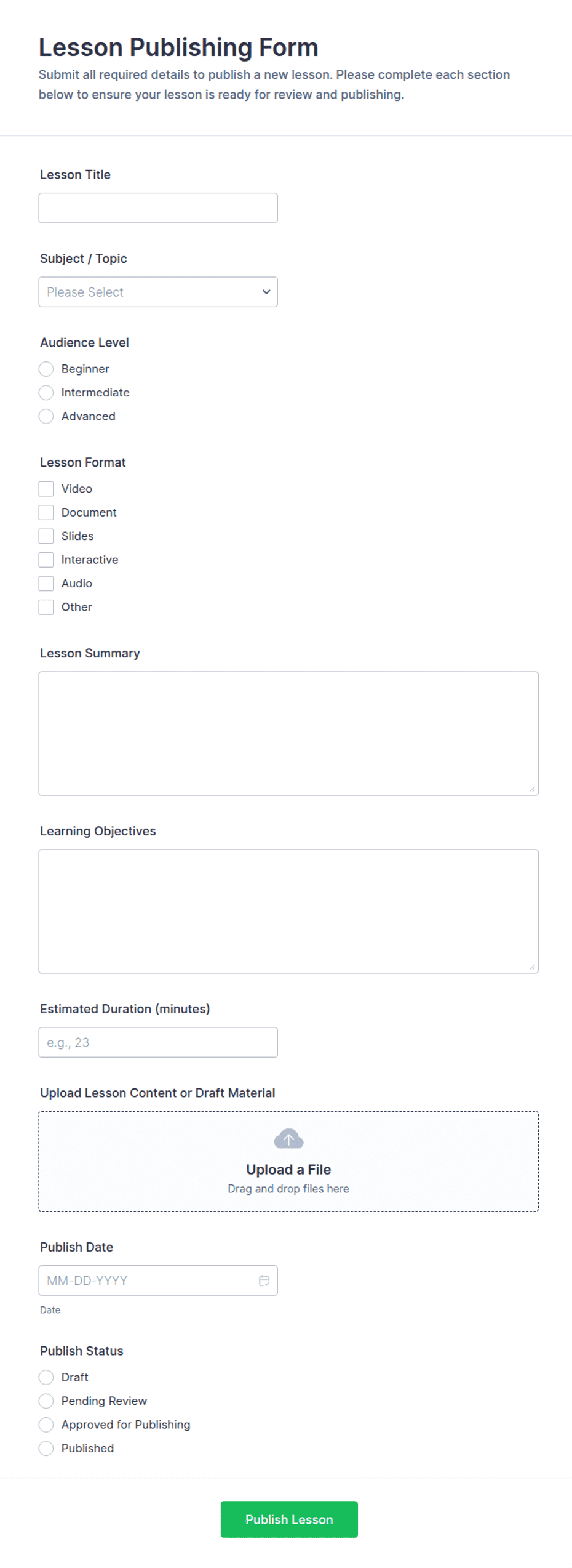 Lesson Publishing Form Template | Jotform