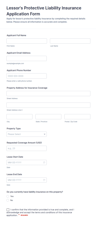 Lessor's Protective Liability Insurance Application Form Template
