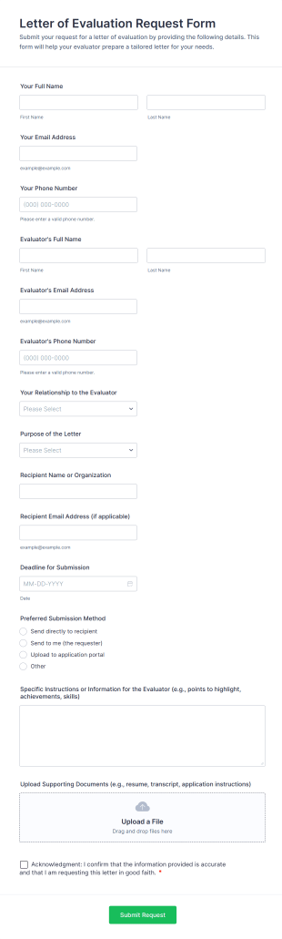 Letter Of Evaluation Request Form Template