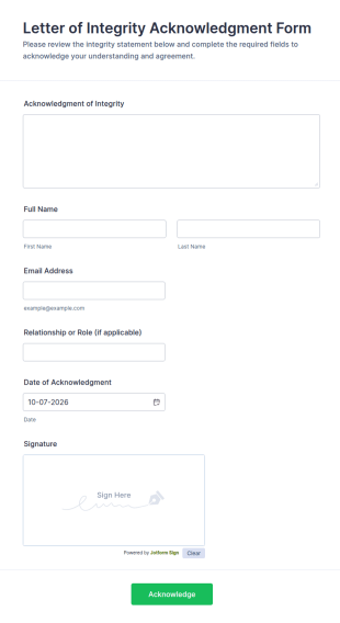 Letter Of Integrity Acknowledgment Form Template
