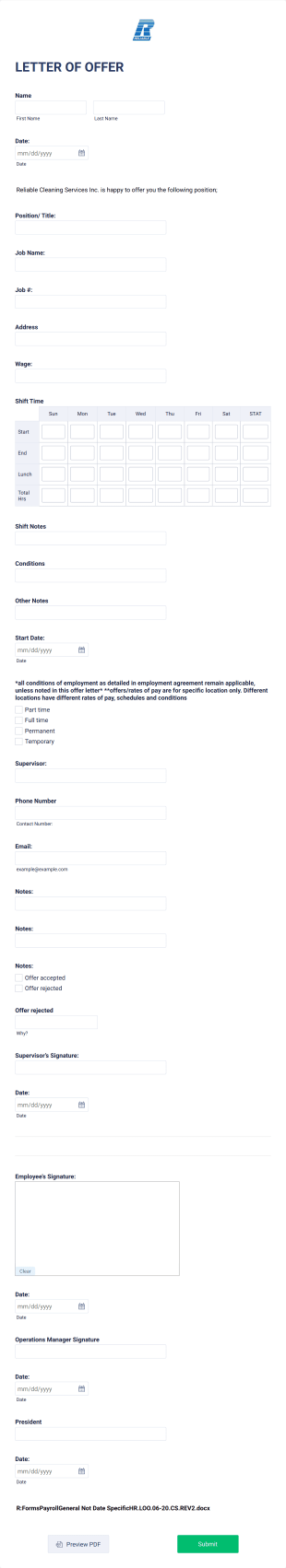 Letter Of Offer Form Template