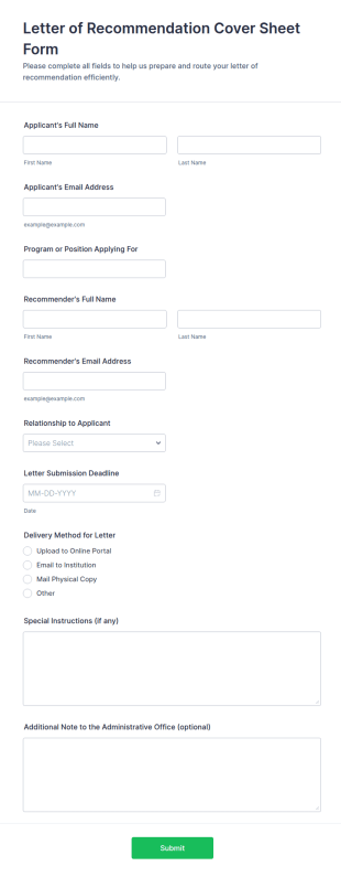 Letter Of Recommendation Cover Sheet Form Template
