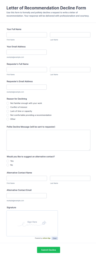 Letter Of Recommendation Decline Form Template