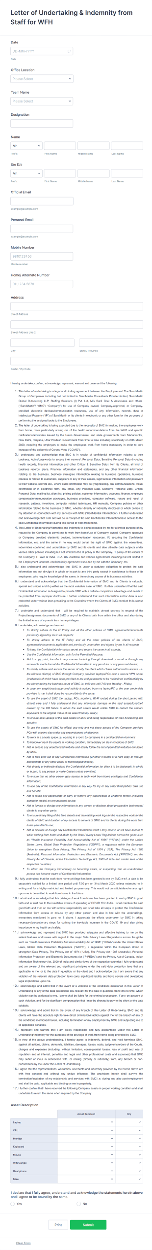 Employee Undertaking And Indemnity Form Template
