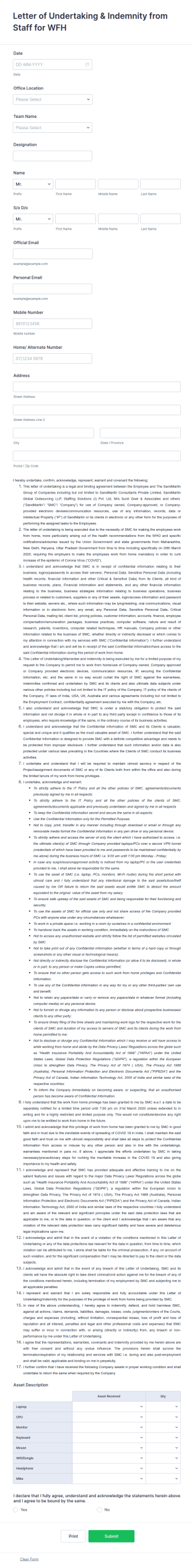 Employee Undertaking And Indemnity Form Template