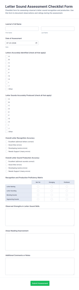 Letter Sound Assessment Checklist Form Template