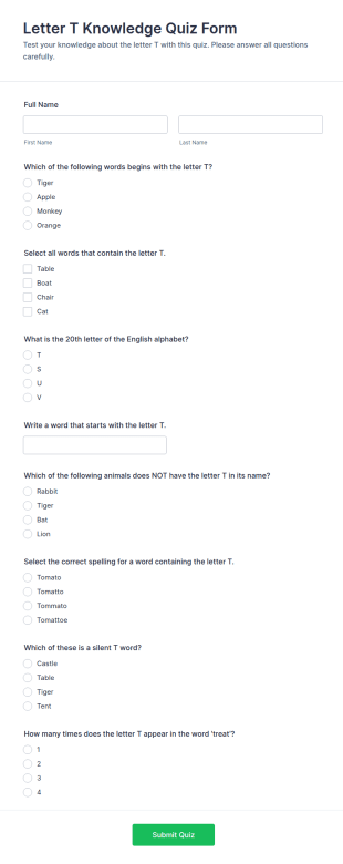 Letter T Knowledge Quiz Form Template