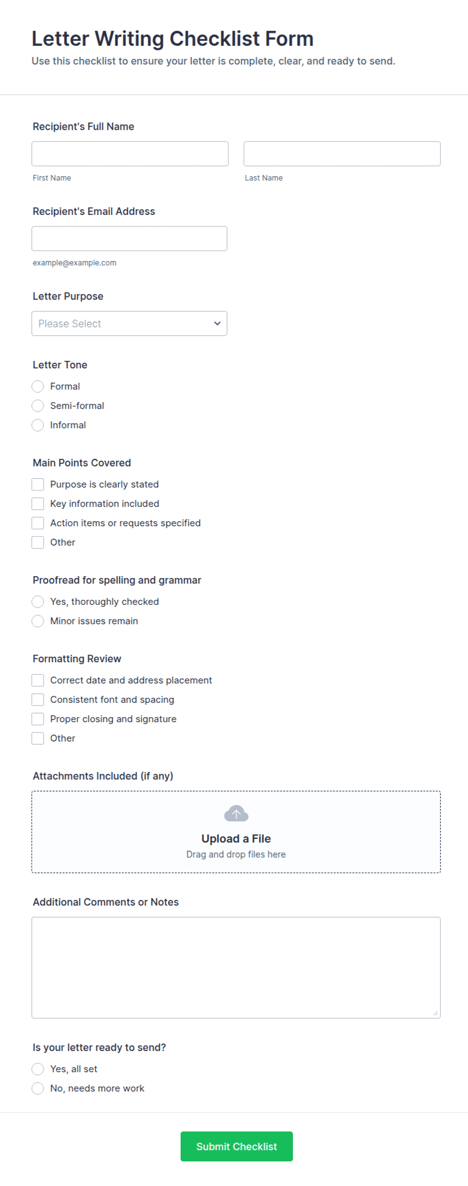 Letter Writing Checklist Form Template | Jotform